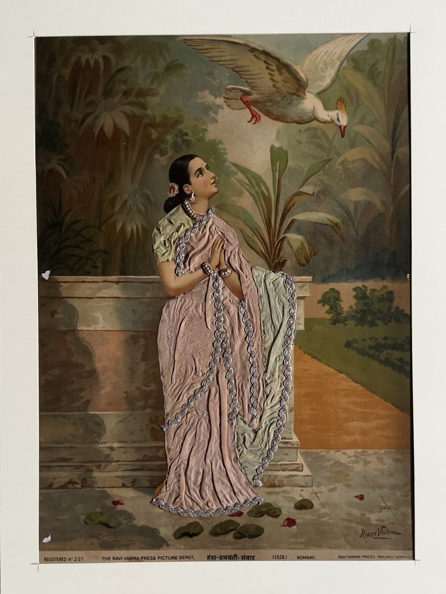 Hamsa Damayanti Samvad - vintage Ravi Varma Press oleograph with fabric, zari and pearl work